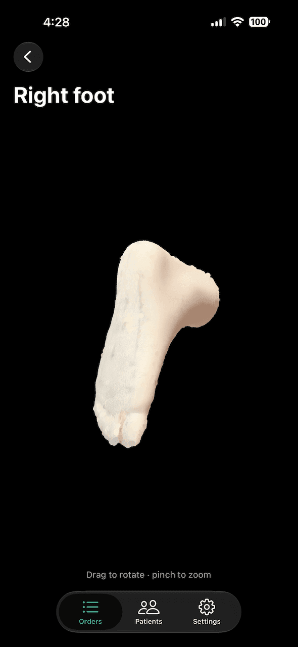 The Foot Camera app showing a captured 3D scan of a right foot, ready to review
